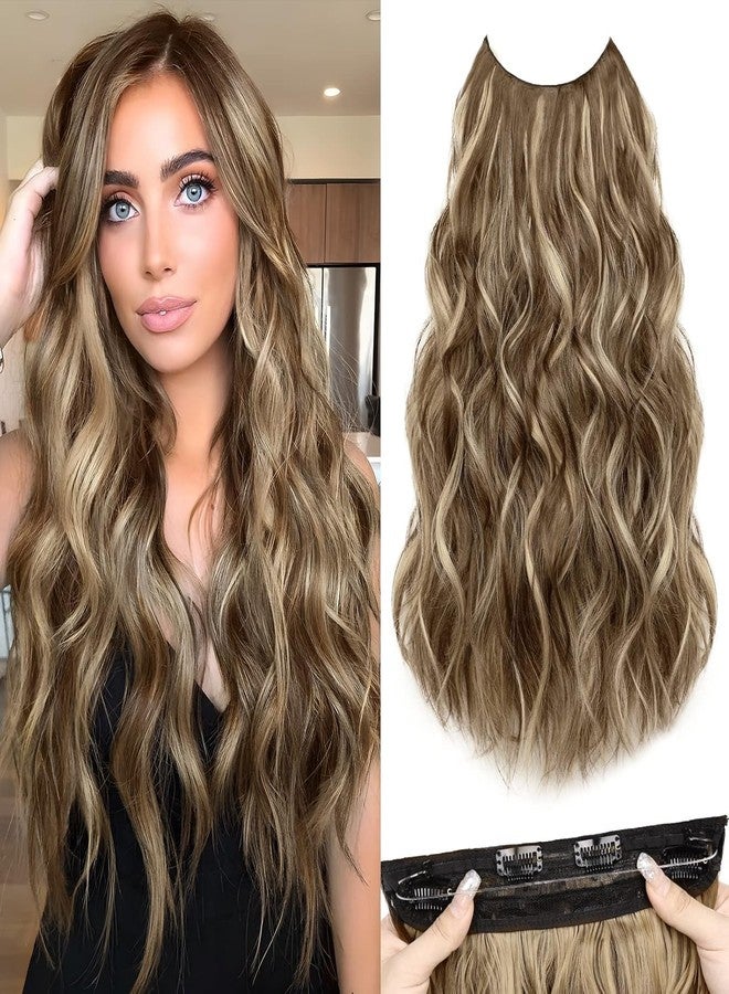 MORICA Halo Hair Extensions 20 Inch Light Brown Mix Ash Blonde Invisible Wire Hair Extensions,Long Wavy Synthetic Hairpiece with Transparent Wire Adjustable Size, 4 Secure Clips for Women - Image 1